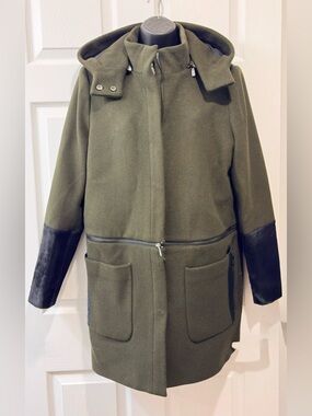 ZAC Zac Posen Convertible Hooded Coat Green Wool Blend Zip Transform Jacket 3/1